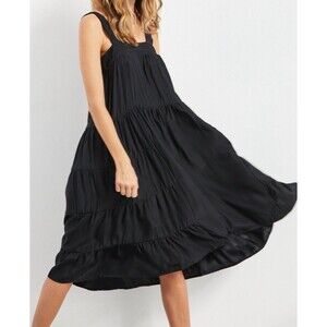 Natalie Martin Midi Dress Womens M Black 100% Silk Tiered Ruffle Hem Casual